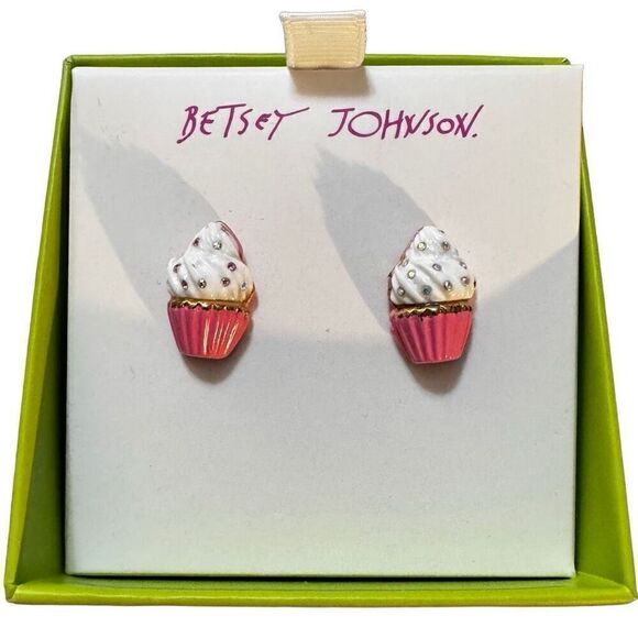 New in Box BETSEY JOHNSON Cupcakes Stud Earrings Pink White Rhinestones Dessert - Picture 7 of 12